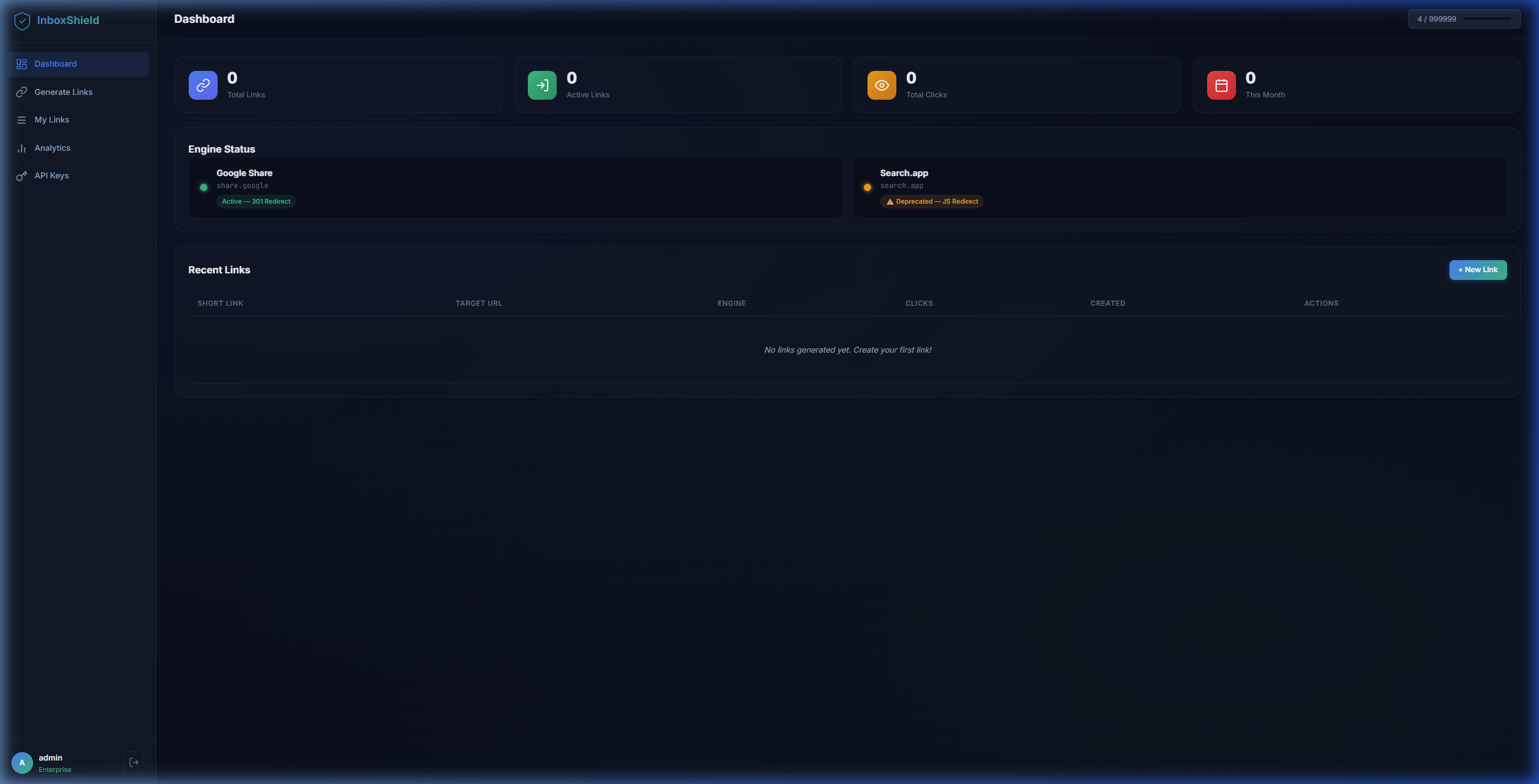 InboxShield Dashboard — Premium dark-mode interface showing real-time link analytics and management